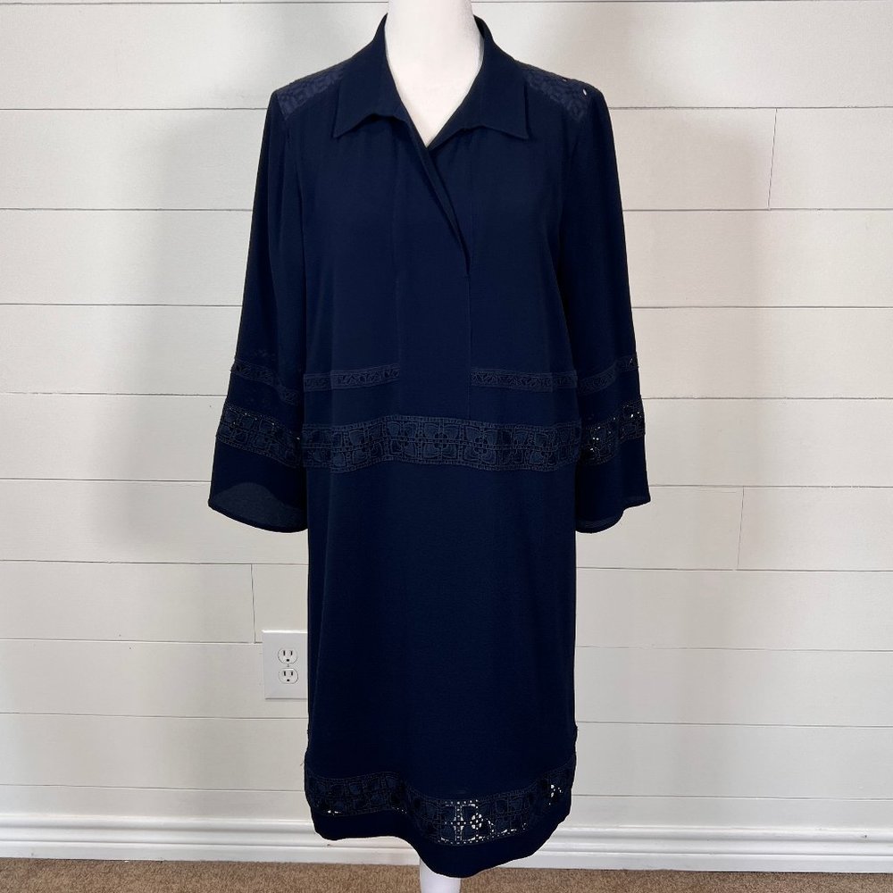 Karl Lagerfeld Eyelet Embellished Navy Blue Midi Sheath Dress Size M